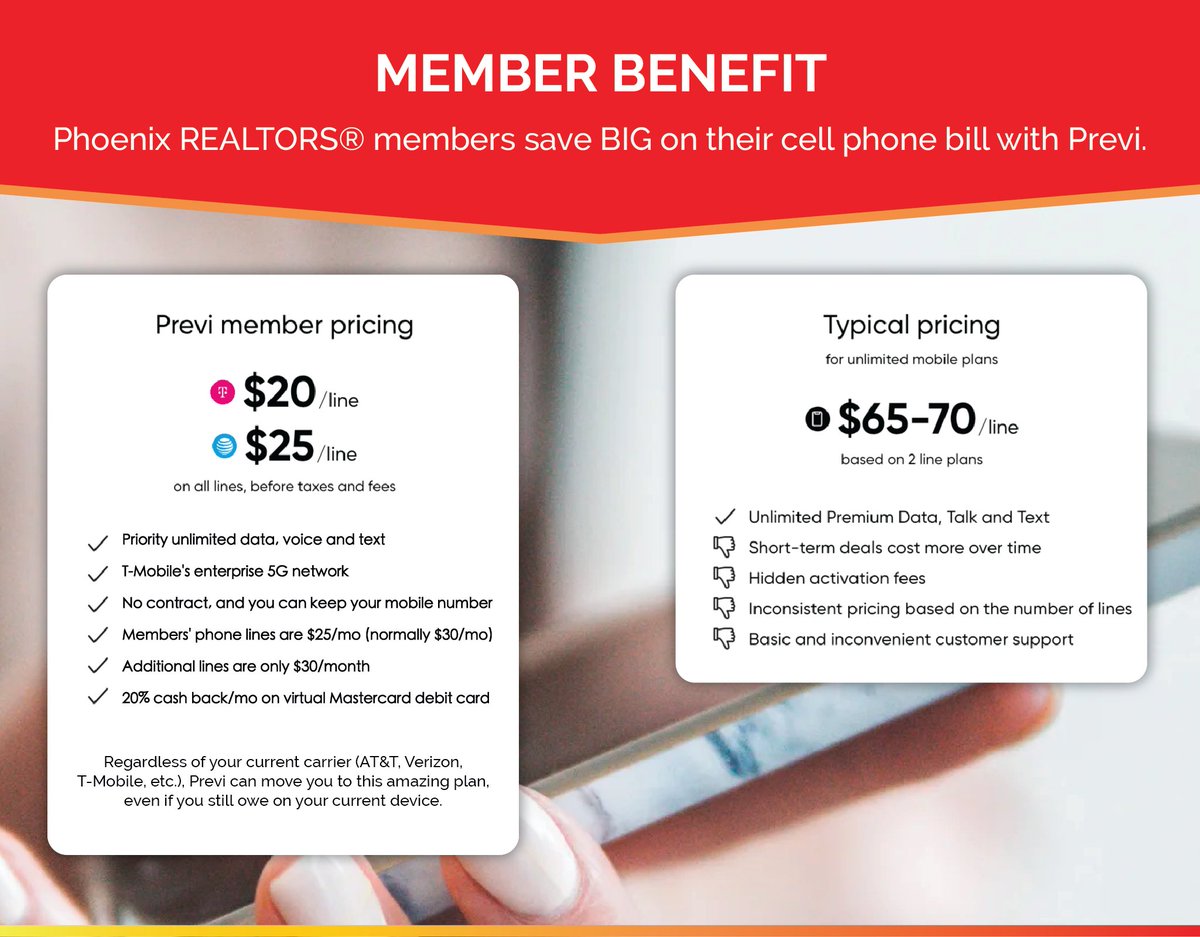 Phoenix REALTORS® partners with Previ to provide members with discounted mobile phone plans starting at only $25/month. app.previ.com/#/loves/phoeni…
