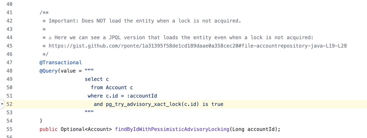 rponte's tweet image. Using @PostgreSQL Advisory Locks with #JPA and #Hibernate is charming 🤩
I am using the pg_try_advisory_xact_lock() function with JPQL to avoid the Lost Update anomaly.
Also, I had to configure a retry policy with Spring Retry in case another user acquired the lock.