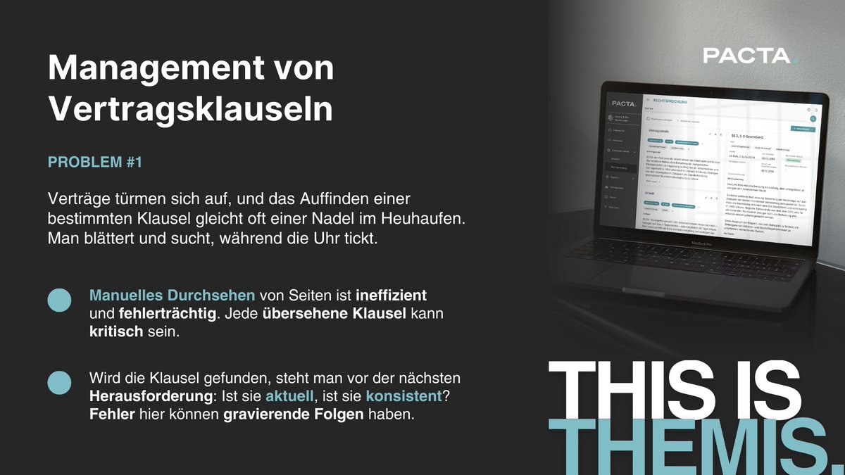 PACTA_AI's tweet photo. Vertragsklauseln effizient managen? #PACTA macht's möglich! 🚀 Unsere KI 'Themis' sorgt für nahtlose Aktualität &amp; Präzision. Entdecken Sie, wie Sie mit wenigen Klicks stets die richtigen Klauseln parat haben. Mehr Infos? 👉 https://t.co/dBY7m9yWzD #Vertragsmanagement #Klausel https://t.co/cDcH7wy0QH