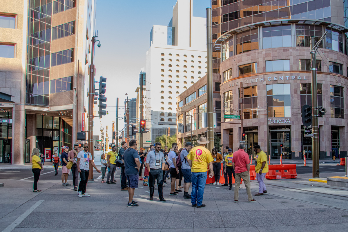 valleymetro's tweet photo. We're showing off the progress at the Downtown Hub for the @mpactmobility Transit + Community Conference! Attendees toured the vibrant area and explored the construction of the South Central light rail extension. #mpactPHX #SCEDH https://t.co/OIzEYnvUo2