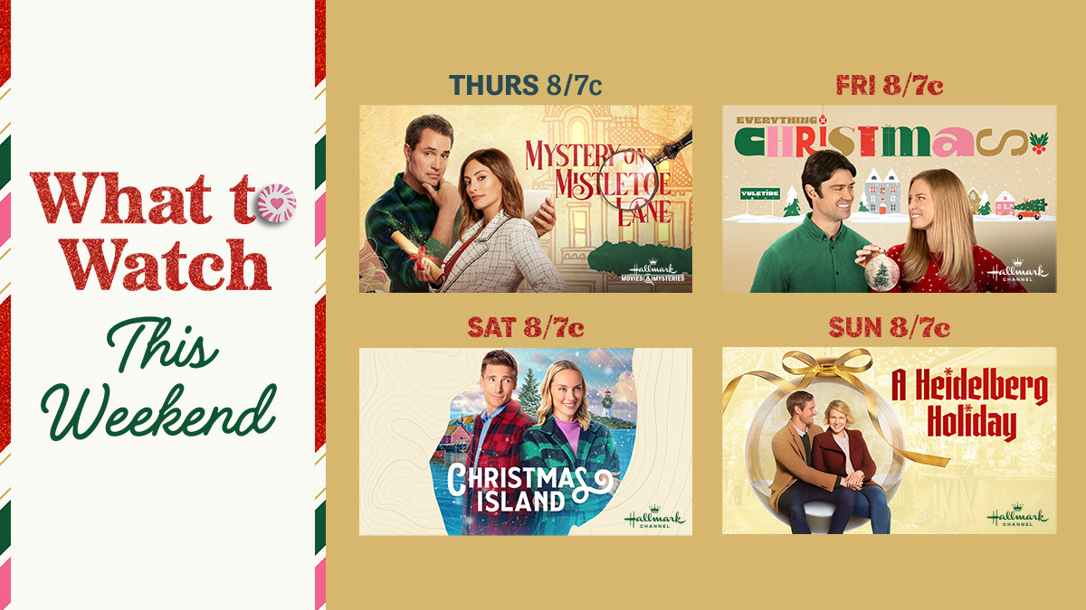 Join us for a weekend filled with heartwarming stories, twinkling lights, and Christmas magic! 🌟🍿 Starting with #MysteryOnMistletoeLane on Thursday at 8/7c, #EverythingChristmas on Friday at 8/7c, #ChristmasIsland on Saturday at 8/7c, and #AHeidelbergHoliday on Sunday at 8/7c.