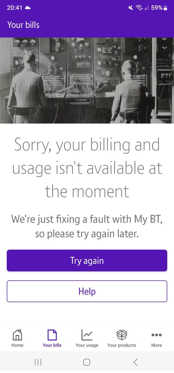 andybegbiea's tweet photo. @bt_uk new to bt broadband got my 1st bill email . But when I try to view it I just get this. Don't know when direct debit is due or anything. Been like this for 2 days https://t.co/7Ld51yAv1x