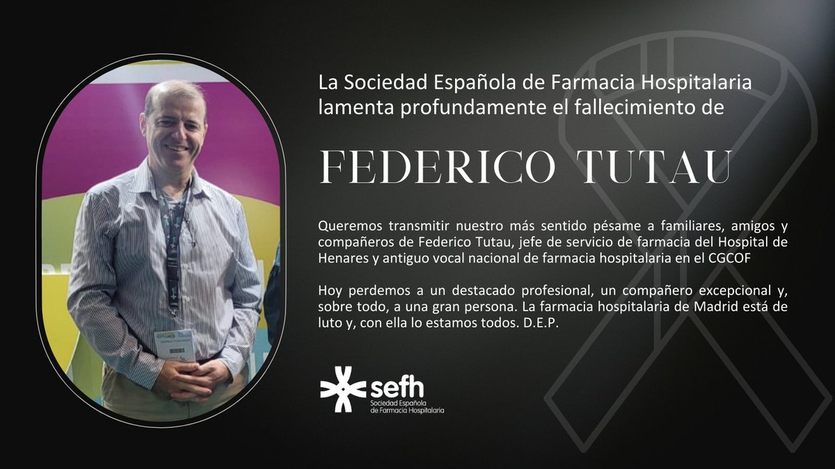 Queremos transmitir nuestro más sentido pésame a familiares, amigos y compañeros de Federico Tutau, jefe de servicio de <a href="/farmaciahenares/">farmahenares</a> y antiguo vocal nacional de FH en <a href="/Farmaceuticos_/">Consejo General Colegios Farmacéuticos</a>

Hoy perdemos a un destacado profesional, un compañero excepcional y, sobre todo, a una gran