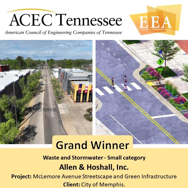 The Grand Winner of the Waste and Stormwater - Small category is:
Allen &amp; Hoshall, Inc.
For their McLemore Avenue Streetscape and Green Infrastructure project for the City of Memphis.

<a href="/AllenHoshall/">Allen & Hoshall</a>