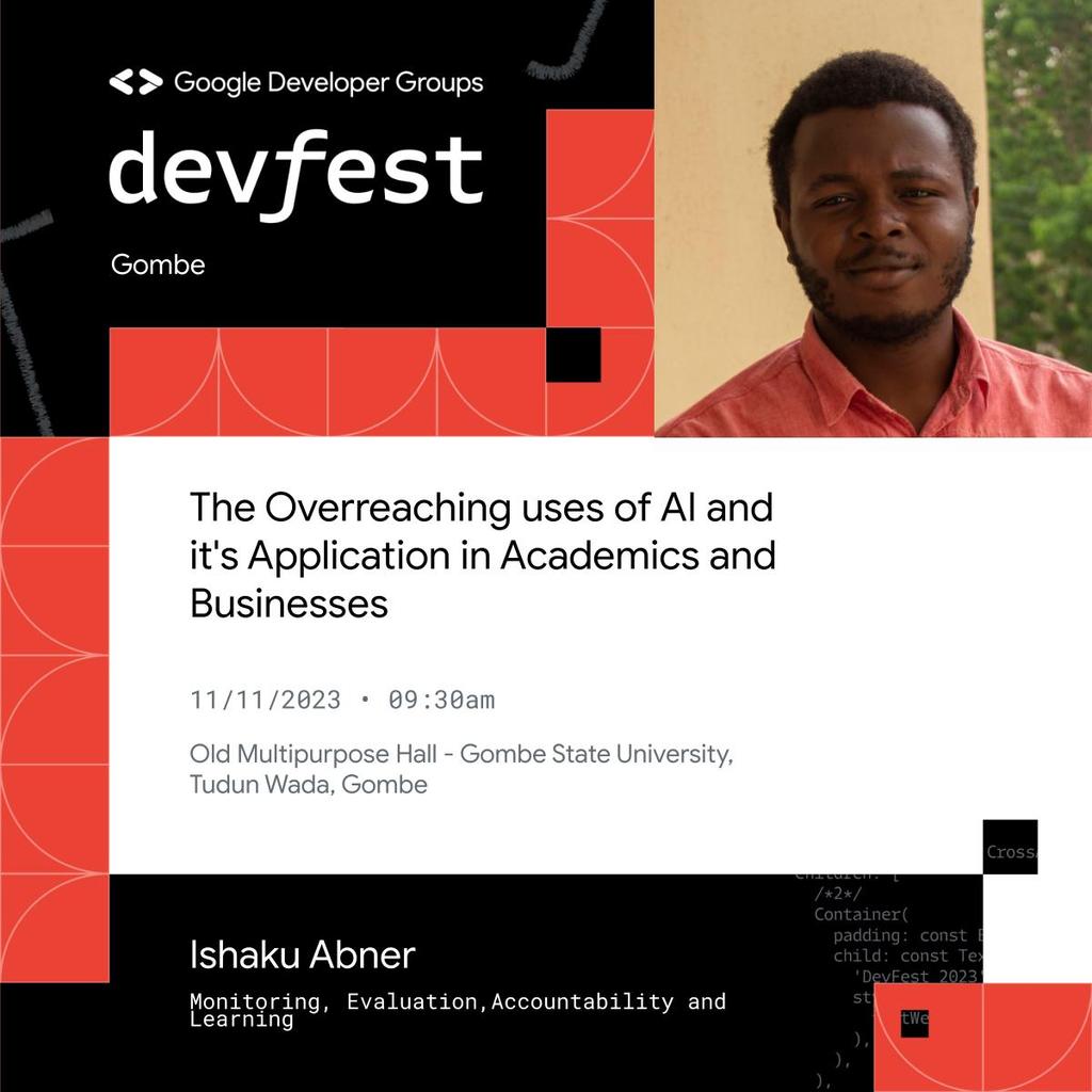 GdgGombe's tweet photo. Speaker Spotlight: Ishaku Abner 🌟

Ishaku will take you on a journey through the remarkable applications of AI in both academia and the business world. Discover how AI is enhancing research, personalizing learning experiences, and aiding complex simulations in academic settings. https://t.co/clDBBd8k1v