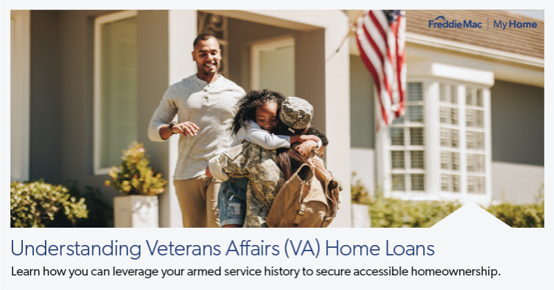FreddieMac's tweet photo. The path to homeownership can be challenging for service members and #veterans. To ease their journey, the U.S. Department of Veteran Affairs (VA) offers affordable loan programs that help military families #MakeHomePossible. #VeteransDay