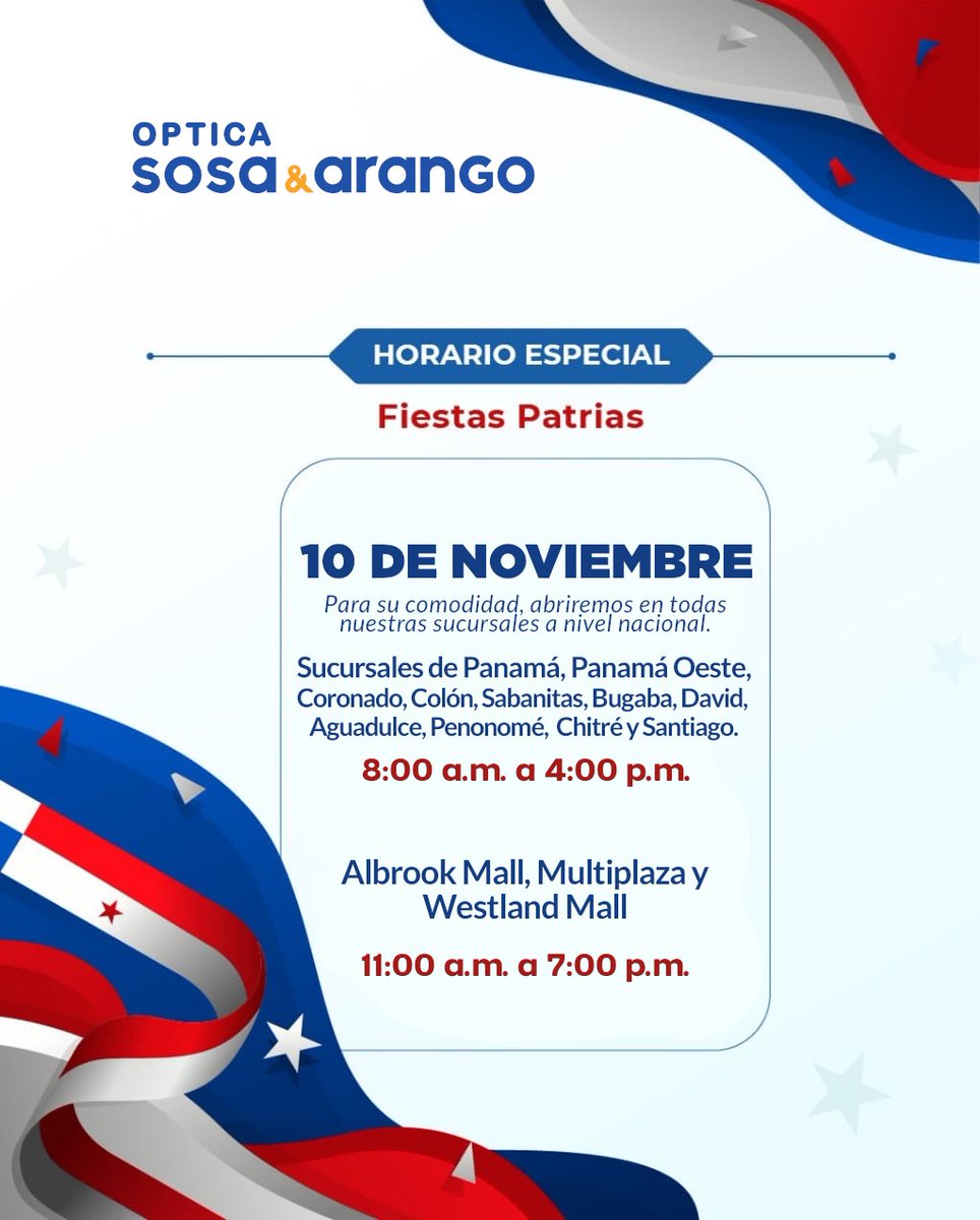 Para comodidad de nuestros clientes, abriremos el día 10 de noviembre en todas nuestras sucursales a nivel nacional. Les esperamos.