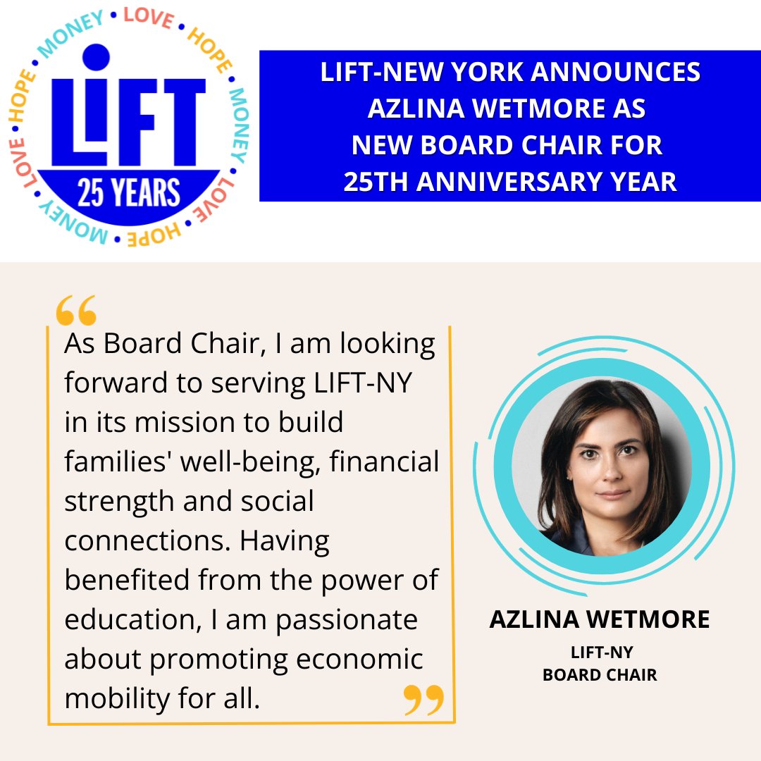 🎉Exciting News! #LIFTNY is proud to introduce Azlina Wetmore as their new Board Chair! Azlina has been instrumental in growing our network of supporters and her of experience and passion makes her a perfect fit! #LIFT25for25 Read Azlina's story: bit.ly/3MBUsdj
