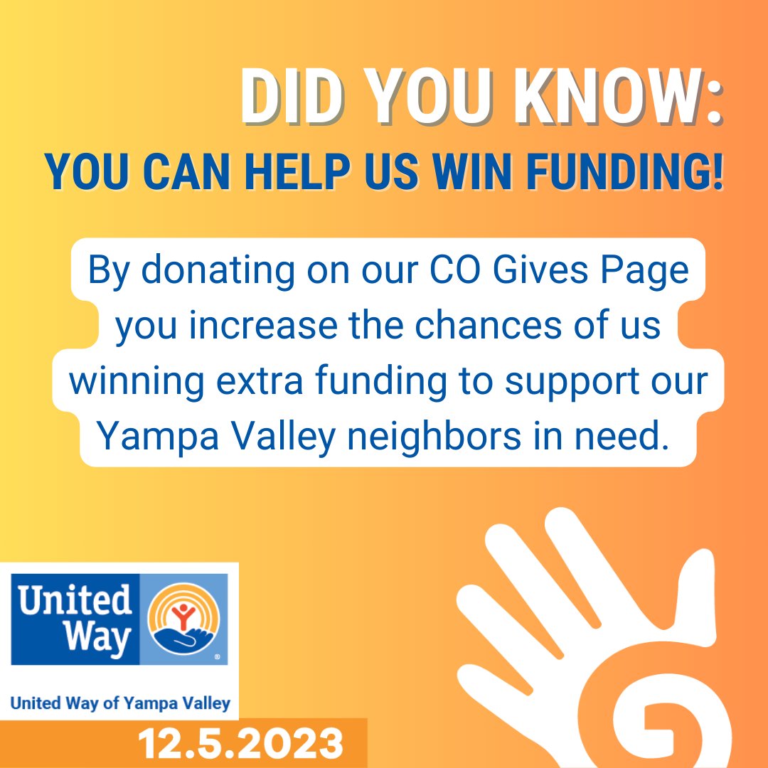 Make your dollars go farther by donating on our CO Gives Page from now until Yampa Valley Gives Day on Dec. 5th! 

Donate at  coloradogives.org/organization/U… #unitedway #unitedwayyv #yampavalley   #yampavalleygives #cogives