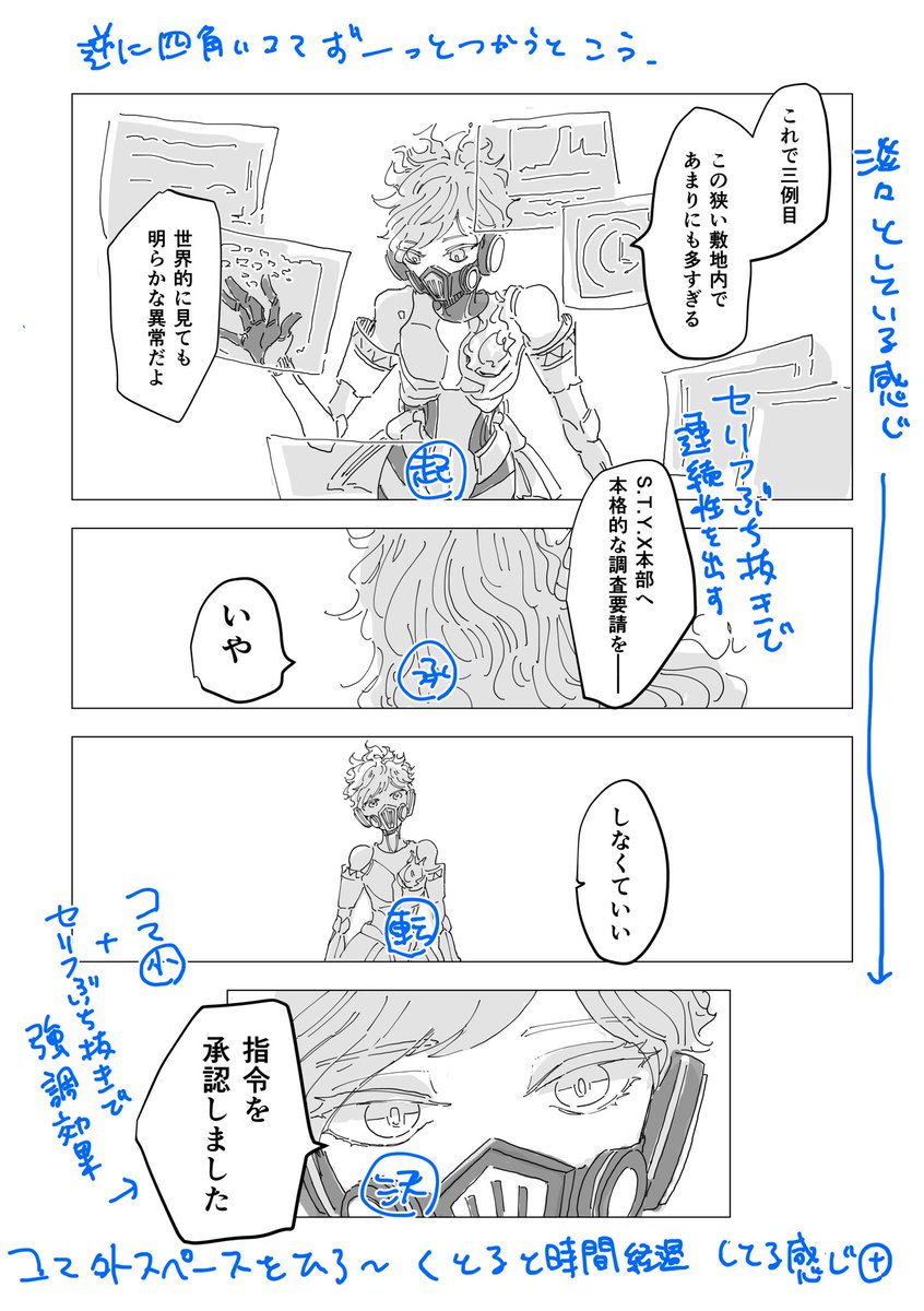 でも漫画の読みやすさって「コマ割り」「セリフの置き方」「構図」とか、コマ割りに留まらずいろんな要素が合わさった結果だと思うので、それ前提で「コマ割り」が漫画に生じる効果は何ってなると『時間経過の表現』『場面の連続性』とかなのかなぁ…ってこれを描き込みながら思った 