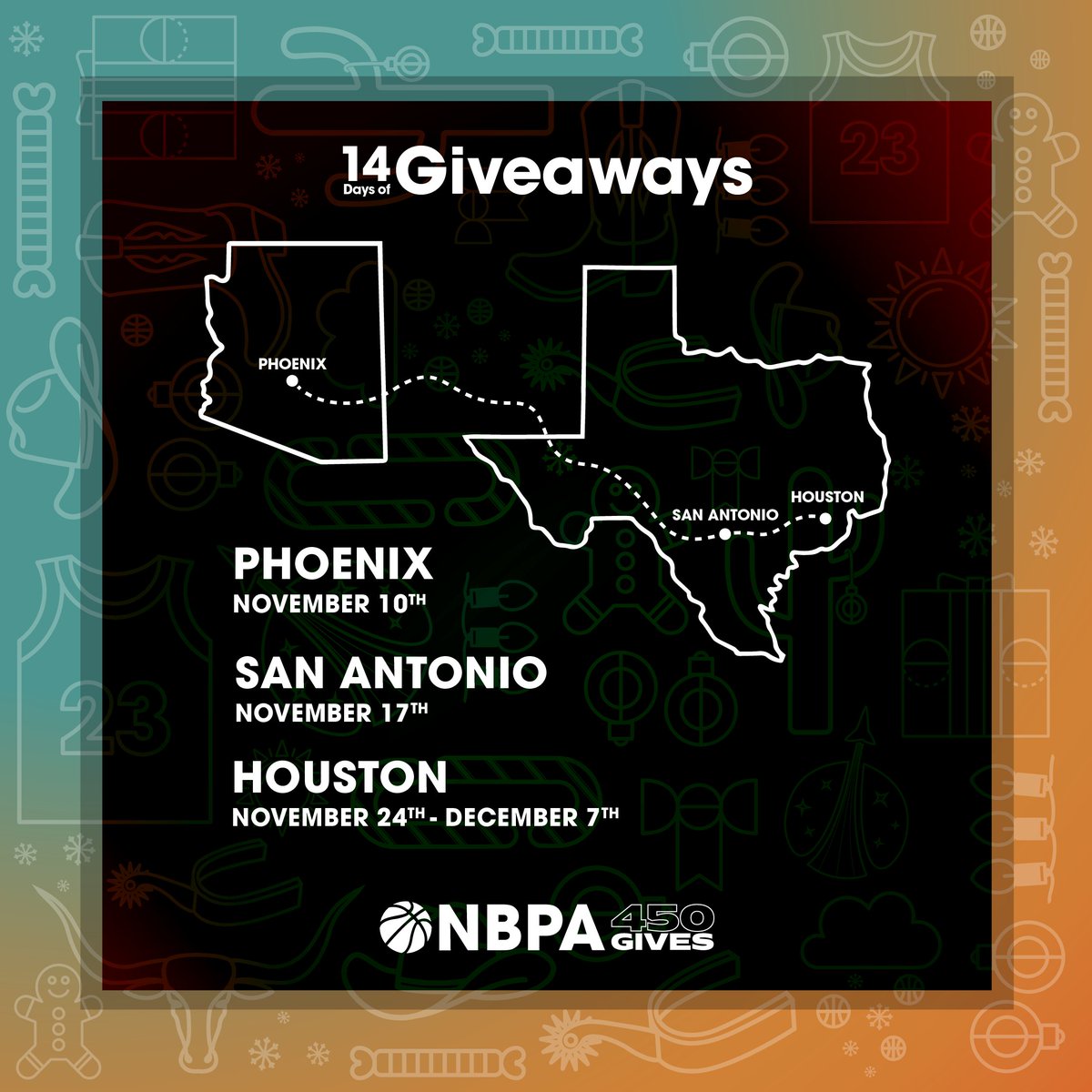 The #NBPA450Gives Mobile Tour is stopping in Phoenix, San Antonio, and Houston this holiday season 🚌 Swing by for prizes from NBPA partners, complimentary treats from Black and Brown-owned businesses, and special player appearances. Learn more here: nbpa.com/news/the-nbpa-…