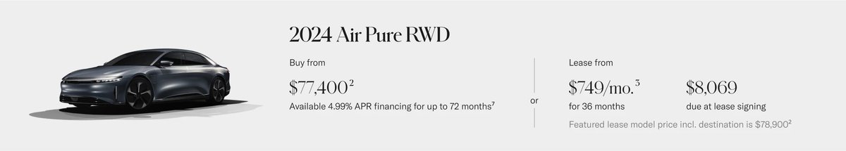 khair990's tweet photo. $LCID Currently, the #LucidPure AWD is priced at $74,900 after the recent price drop.
Pure RWD priced at $77,400 which is more expensive than AWD! No sense at all! 🤨
They need to lower the RWD to $69,700 like I previously hoped for.. That would be a good price to start with.. https://t.co/Z30E9fZKuP