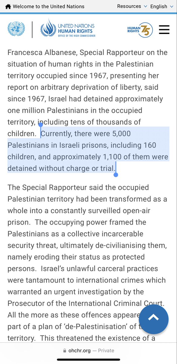 @Gallagher4NY @SenFettermanPA “Currently, there were 5,000 Palestinians in Israeli prisons, including 160 children, and approximately 1,100 of them were detained without charge or trial.” ohchr.org/en/news/2023/0…