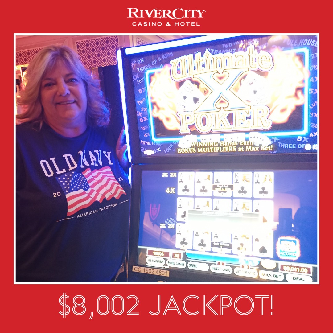 rivercitycasino's tweet photo. Kicking off Wednesday with a bang! ๐ค Huge congratulations to Patty for scoring an impressive $8,002.50 #jackpot on Ultimate X Poker. ๐
#videopoker #ultimatexpoker https://t.co/cHTWAjUfgc