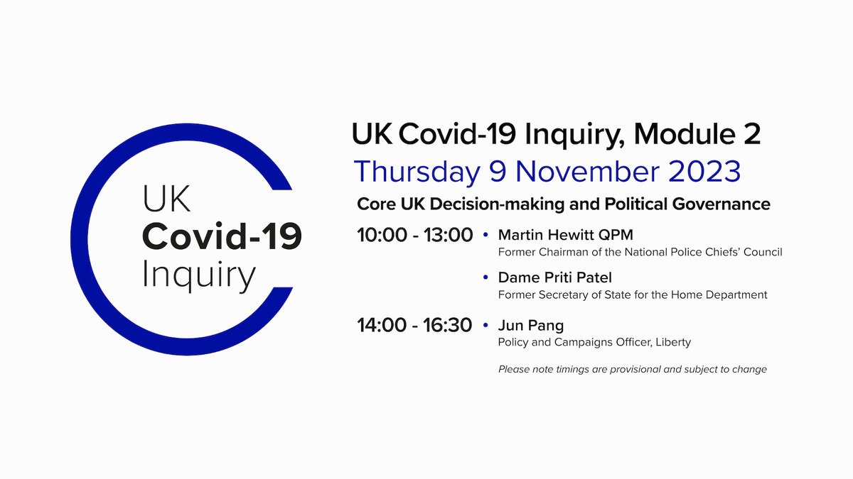 covidinquiryuk's tweet photo. Today, we will hear from three witnesses: Martin Hewitt QPM, Dame Priti Patel MP and Jun Pang.
📺Watch live from 10:00 (with a three minute delay) on our YouTube channel 👇👇
https://t.co/n03rrwuLGm https://t.co/yI8ljNTX2C