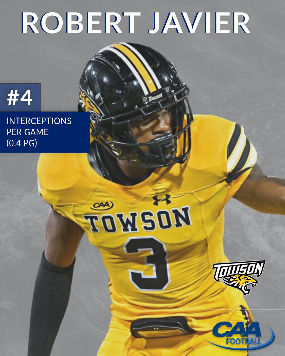 CAA Football (@caafootball) on Twitter photo Look out for Robert Javier 🔥
▪️ Javier ranks No. 4 nationally in interceptions per game (0.4 pg)
#CAAFB x <a href="/Towson_FB/">Towson Football</a> Look out for Robert Javier 🔥
▪️ Javier ranks No. 4 nationally in interceptions per game (0.4 pg)
#CAAFB x <a href="/Towson_FB/">Towson Football</a>