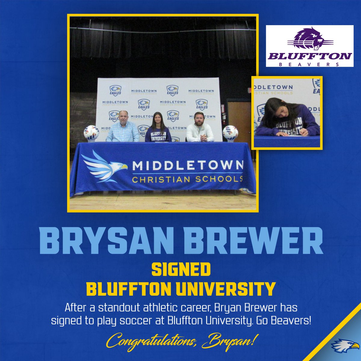 GoMCSEagles's tweet photo. Congratulations to senior Brysan Brewer for signing to play soccer at Bluffton University! Go Beavers! https://t.co/ydBSmnh2C5