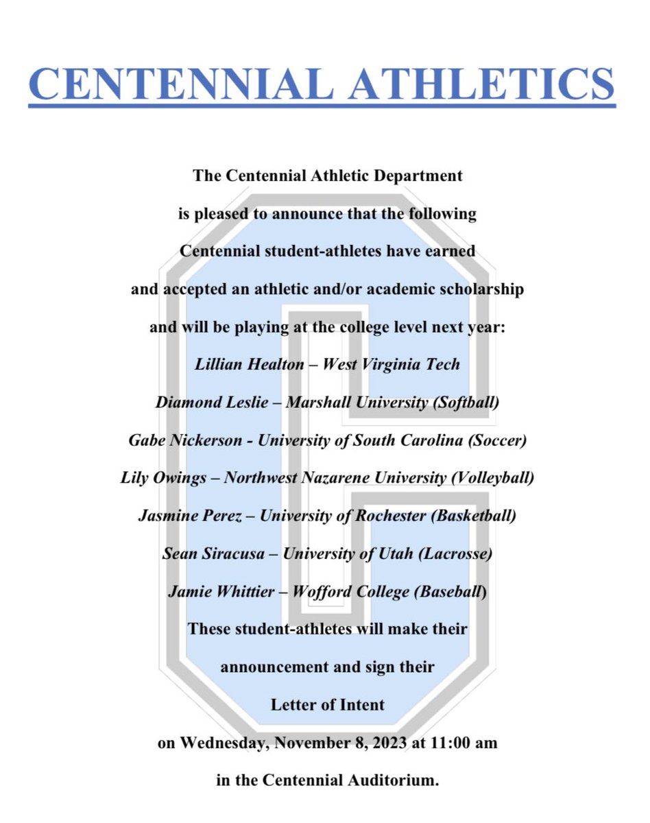 Centennial Knights Athletics (@chsknightsath) on Twitter photo HUGE CONGRATULATIONS to our 7 seniors who signed to #Compete at the next level today! Our community is proud of your hard work and dedication!
<a href="/CHSKnightsSB/">Centennial Softball</a> - Diamond, Lillian
<a href="/CHSKnightsSocc1/">CHS Knights Soccer</a> - Gabe
<a href="/CHSKnightsVoll1/">Centennial Knights Volleyball</a> - Lily
<a href="/cen10wbb/">Centennial Womenβs Basketball</a> - Jasmine
<a href="/CHSKnightsBB/">Centennial Baseball</a> - Jamie
Lax - Sean HUGE CONGRATULATIONS to our 7 seniors who signed to #Compete at the next level today! Our community is proud of your hard work and dedication!
<a href="/CHSKnightsSB/">Centennial Softball</a> - Diamond, Lillian
<a href="/CHSKnightsSocc1/">CHS Knights Soccer</a> - Gabe
<a href="/CHSKnightsVoll1/">Centennial Knights Volleyball</a> - Lily
<a href="/cen10wbb/">Centennial Womenβs Basketball</a> - Jasmine
<a href="/CHSKnightsBB/">Centennial Baseball</a> - Jamie
Lax - Sean