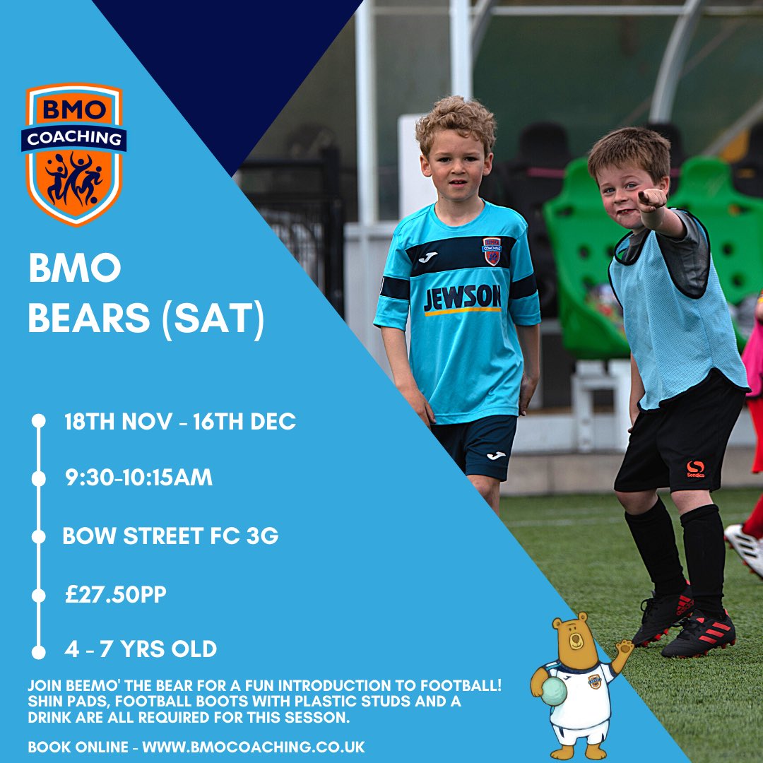 BmoCoaching's tweet photo. ππ π’ ππππ₯π¦! π»β½οΈ
fun football sessions for 4-7 year olds! A choice of 4 sessions across 3 venues! π
Please note - we have moved our Monday Bears session to Aberystwyth Town FC!
Sessions begin next week! Book online today - https://t.co/9CUzAKdnWv
#bmobears https://t.co/f5tKtyyici