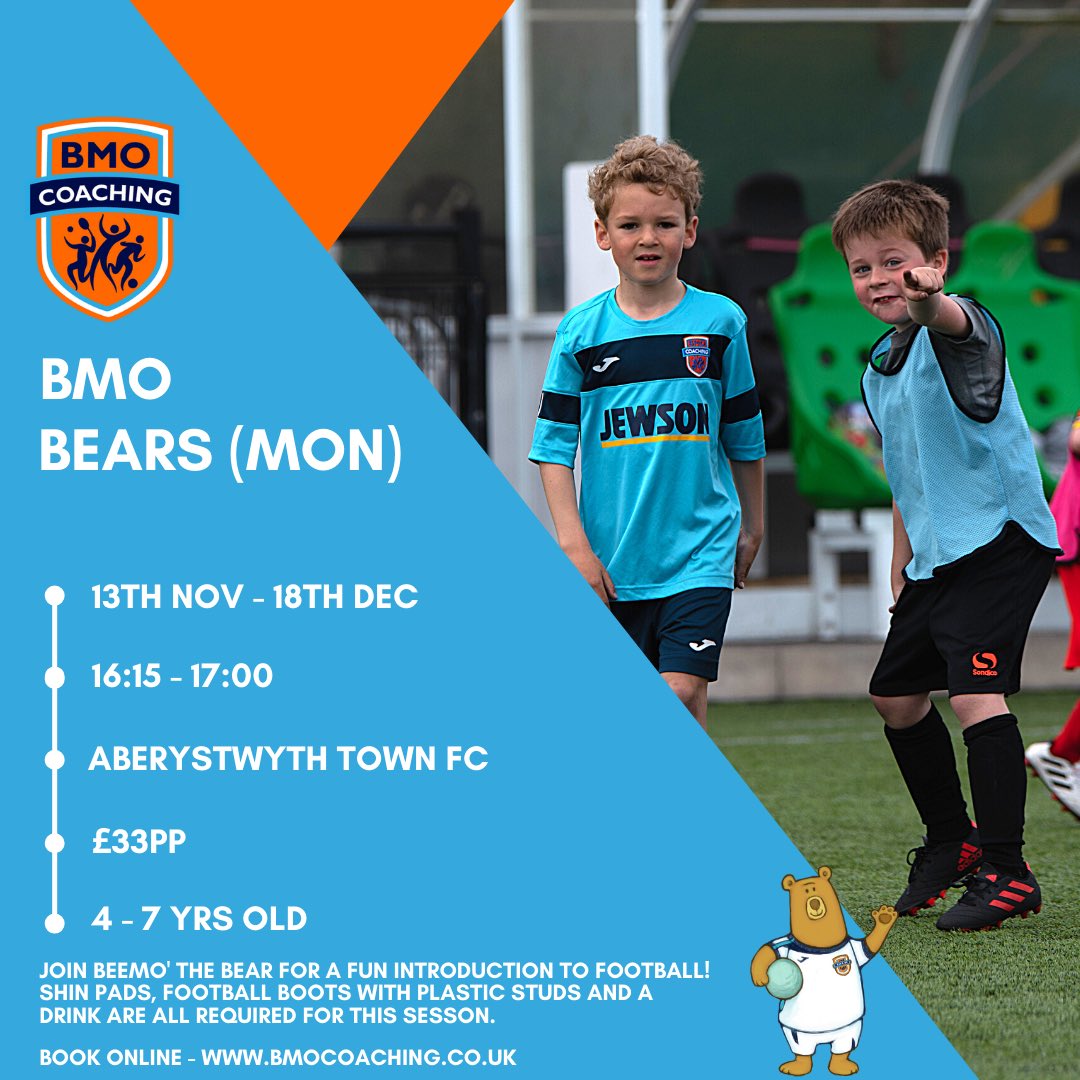 BmoCoaching's tweet photo. ππ π’ ππππ₯π¦! π»β½οΈ
fun football sessions for 4-7 year olds! A choice of 4 sessions across 3 venues! π
Please note - we have moved our Monday Bears session to Aberystwyth Town FC!
Sessions begin next week! Book online today - https://t.co/9CUzAKdnWv
#bmobears https://t.co/f5tKtyyici