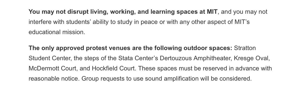 StopAntisemitism (@stopantisemites) on Twitter photo UPDATE: MIT has sent out a letter stating interfering of any non approved indoor campus building spaces is strictly prohibited.
"Failure to comply with these regulations will result in referral to the Committee on Discipline." UPDATE: MIT has sent out a letter stating interfering of any non approved indoor campus building spaces is strictly prohibited.
"Failure to comply with these regulations will result in referral to the Committee on Discipline."