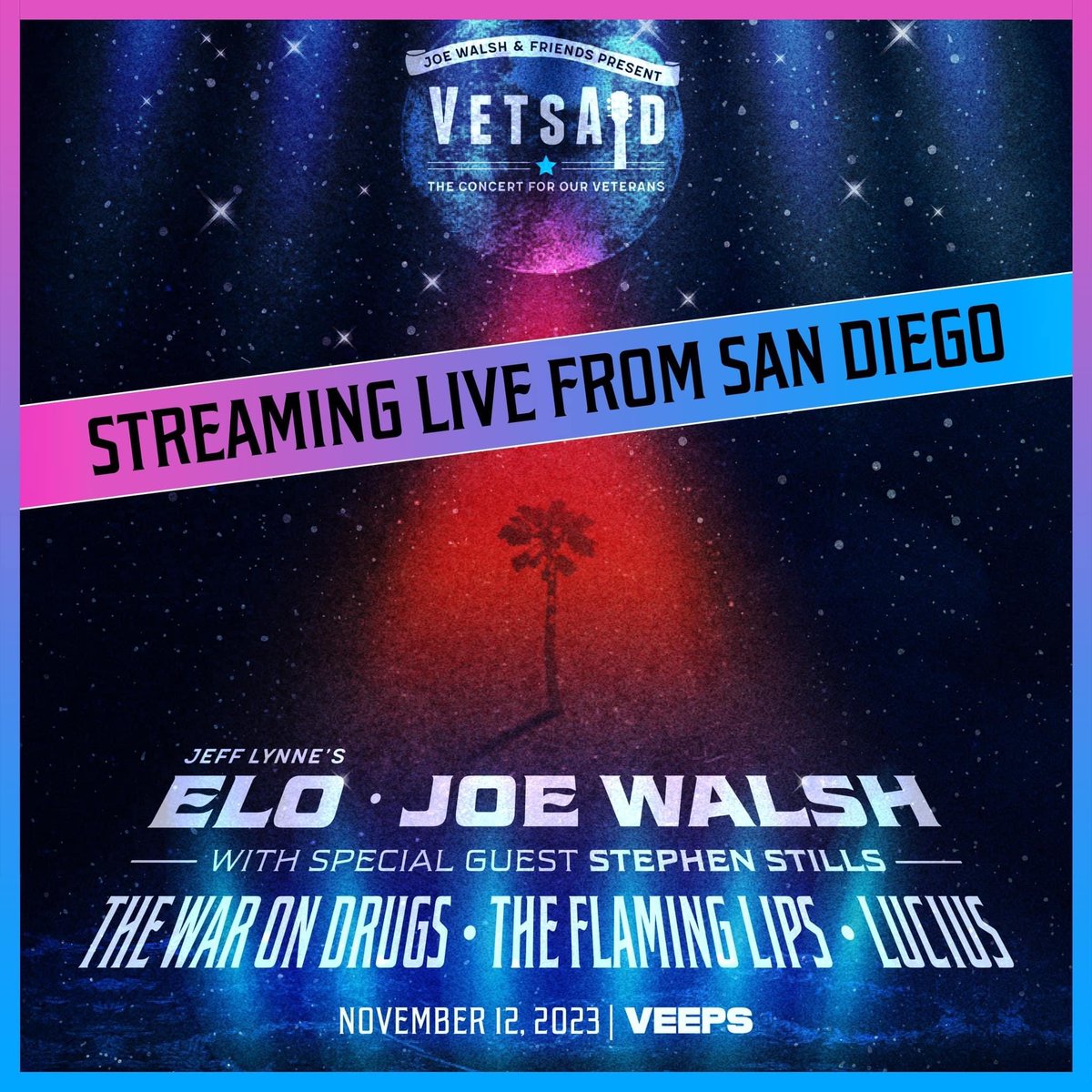 Join Jeff Lynne's ELO, Joe Walsh, StephenStills, The War On Drugs, Flaming Lips and Lucius for VetsAid 2023 ALL OVER THE WORLD with our exclusive Veeps livestream this Sunday at 5pm Pacific! Subscribe or get your pass now at veeps.events/vetsaid 😎✌️🌟❤️🎶🥦🌈🍒🏋🏼‍♂️🍎☮️