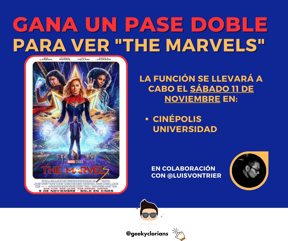 Geekyclorians's tweet photo. 🚨 CINE GRATIS

🐱 Queremos invitarlos a ver #TheMarvels, este fin de semana

Requisitos:
🐱  🔂 y ❤️
🐱 Seguir a @luisvontrier y a @Geekyclorians en "X"
🐱 Dinos: ¿por qué quieres verla?
🐱 Arroba a tu acompañante (tiene que seguir ambas cuentas)

¡Mucha Suerte! #capitanamarvel https://t.co/qir1u05h7U