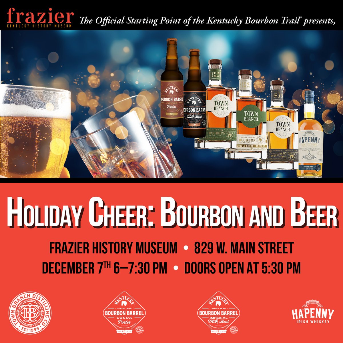 Start the holiday season with spirit(s) at Holiday Cheer: Bourbon and Beer. Lexington Brewing and Distilling, makers of Town Branch Bourbon and Kentucky Bourbon Barrel Ales, take us through a guided tasting of whiskey and beer. Get your tickets now! bit.ly/49sdrk2