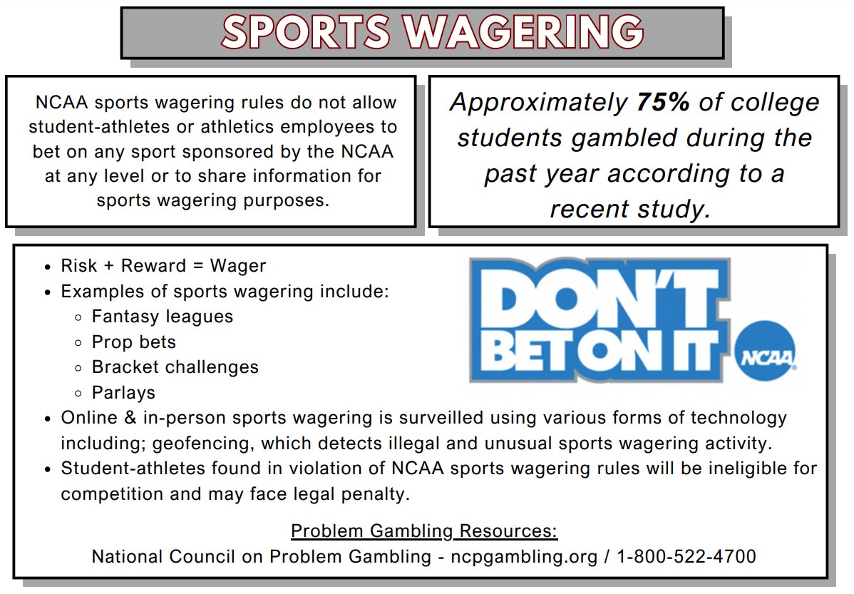 Remember: 🚫Gambling🚫is not permissible for student-athletes or athletics staff.