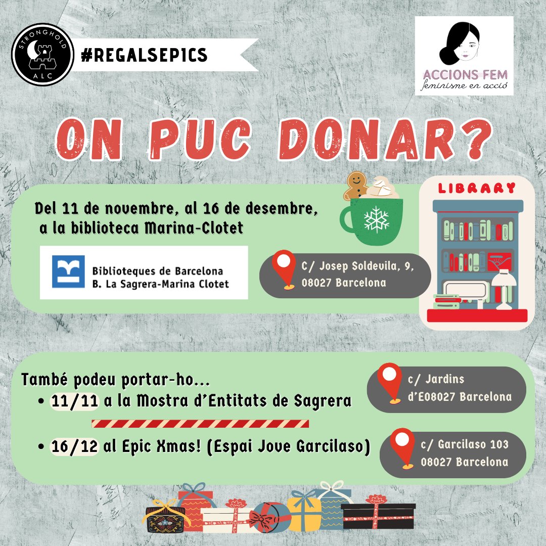 ALC_Stronghold's tweet photo. Enguany tornem a col·laborar amb Accions Fem i la biblioteca Marina Clotet per apropar el #Nadal a dones supervivents de #violenciadegenere i les seves families, vols col·laborar? Des del dia 11/11 fins al 16/12 podràs deixar les teves donacions a la biblio i el 16 al #EpicXmas! https://t.co/iQkphyGBVW