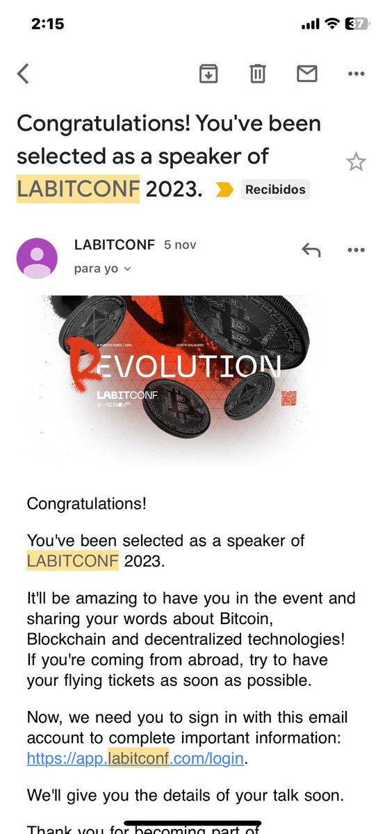 Este viernes estaré como speaker en <a href="/labitconf/">LABITCONF</a> ❤️❤️❤️💕 eso a las 11:30

A las 18:00 es la premiación del premio b-arte de <a href="/BitcoinAR/">ONG Bitcoin Argentina</a> y cómo soy jurado también allí estaré. 

Si me cruzan por ahí salúdenme porque no conozco a casi nadie jajaja 🤣