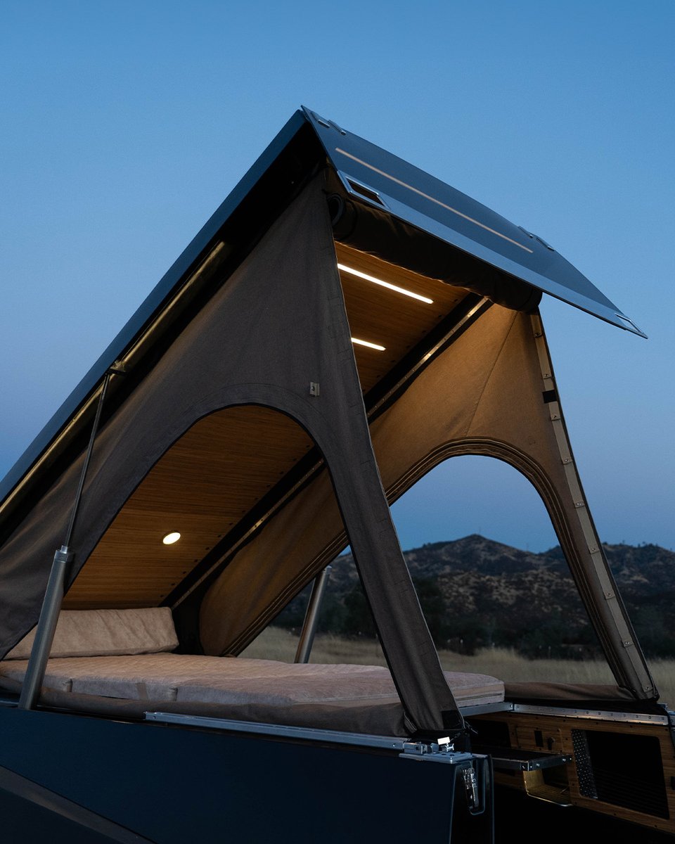 Here’s our camper bed folded up into a backrest. When laid flat the memory foam mattress is 6’8” long x 50” wide to sleep you and your honey comfortably.

#Cybertruck #Tesla #Camper