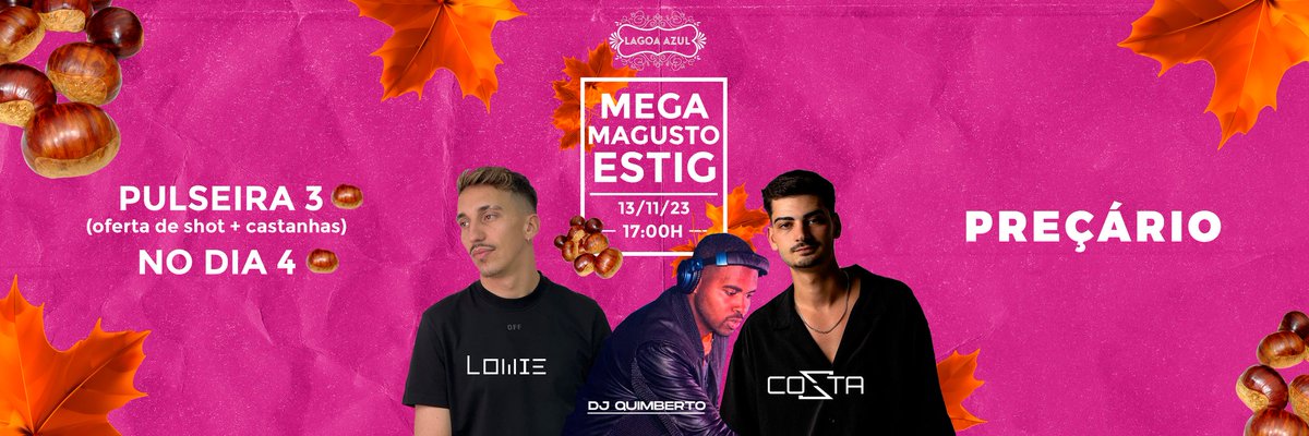No próximo dia 13 de Novembro realiza-se o Mega Magusto da ESTiG! 
Vem divertir-te e aproveitar connosco a partir das 17h00 no Lagoa Azul!
Podes adquirir a pulseira na tua AE ou com algum dos promotores do evento até segunda-feira às 15h.

Está tudo a pensar no mesmo 🔥