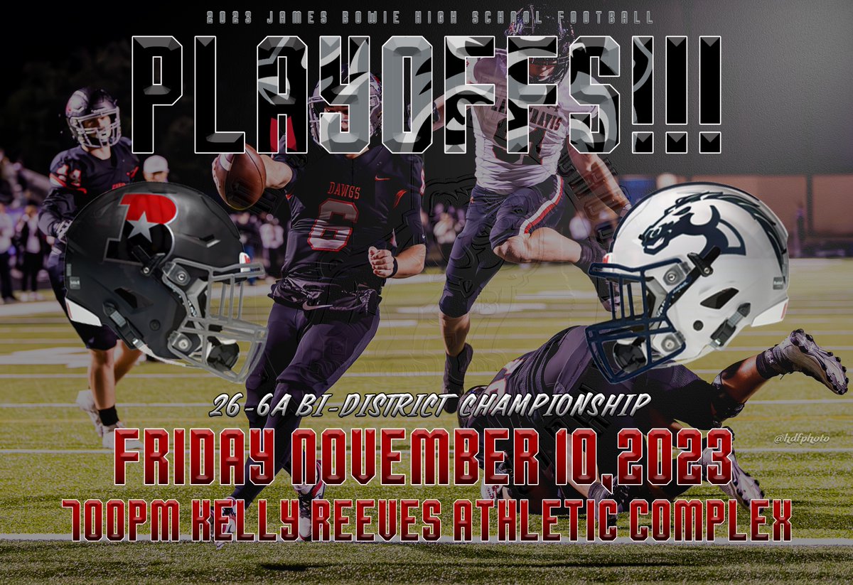 It's the first round of the playoffs! Friday night Bowie will play Round Rock McNeil at KRAC. Come out and support your Bulldawgs! Go DAWGS!!!🏈🐾 @AISDBowie @hdfphoto @dctf @var_austin #txhsfb