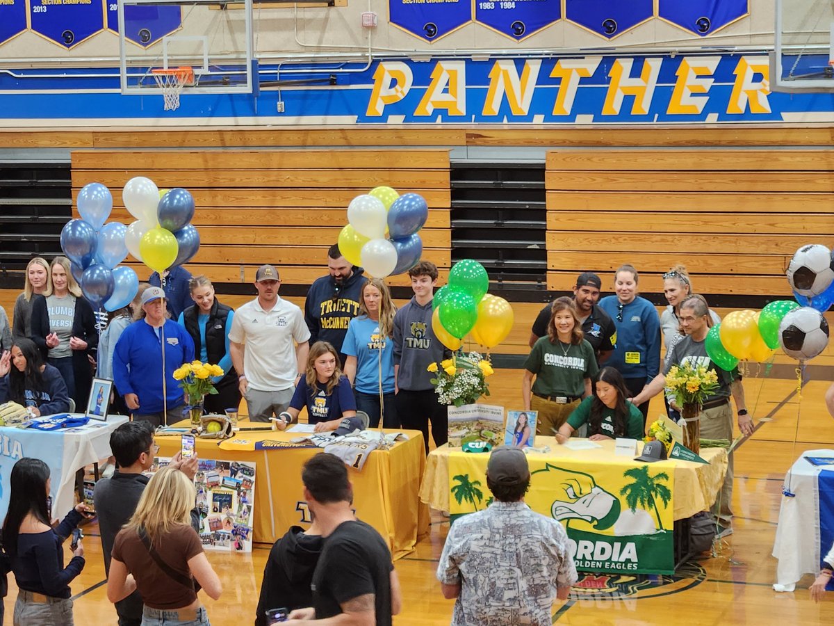 Congratulations to our student-athletes who signed to continue competing at the college level!! Kyra, Jaden, Morgan, Alexandra &amp; Daniela 🐾💛💙🐾 #GoPanthers