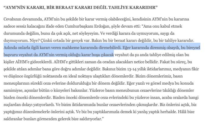 Anayasa Mahkemesi kararına uymama/direnme fikrinin mimarı Tayyip Erdoğan'dır. 
Alın belgesi: Şubat 2016...