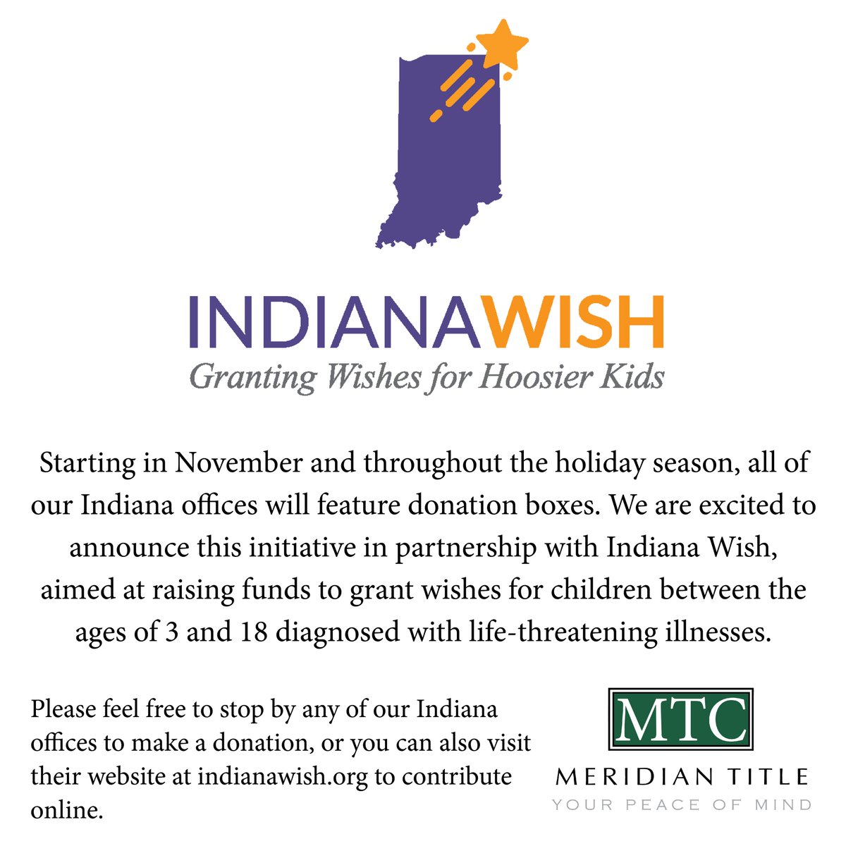 Meridian_Title's tweet image. Join us in making wishes come true!  #indianawish #acceptingdonations #MeridianTitle #peaceofmind