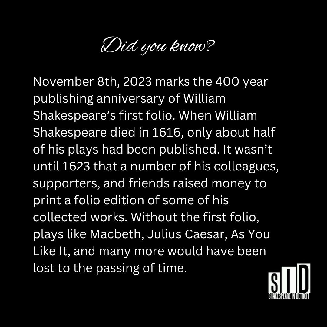 ShakesintheD's tweet photo. Share your first memory of #Shakespeare with us in the comments in celebration of this day that changed literature, theatre, and pop culture as we know it.

#Folio400 #shakespearesfirstfolio #400anniversary #Shakespeare #theater #theatre #books #education #history #popculture https://t.co/gB8p8xvp69