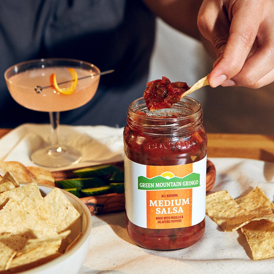 gmgsalsa's tweet photo. When someone asks what my plans are for tonight 👉🍸🌶️  Grab a fun lil drink + some chips and Green Mountain Gringo Medium Salsa for your next night in! https://t.co/iAwBT5Rh5b