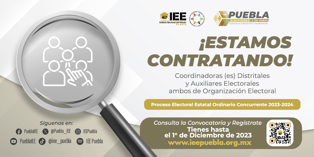 Puebla_IEE's tweet photo. 🔘El #IEEPuebla te invita a participar en el Proceso Electoral más grande de la historia, como Coordinadoras (es) Distritales y Auxiliares Electorales.

📝Consulta la convocatoria y regístrate https://t.co/kiTUaLRSG7

👫Forma parte de la democracia de #Puebla https://t.co/QZLryPG2Ua