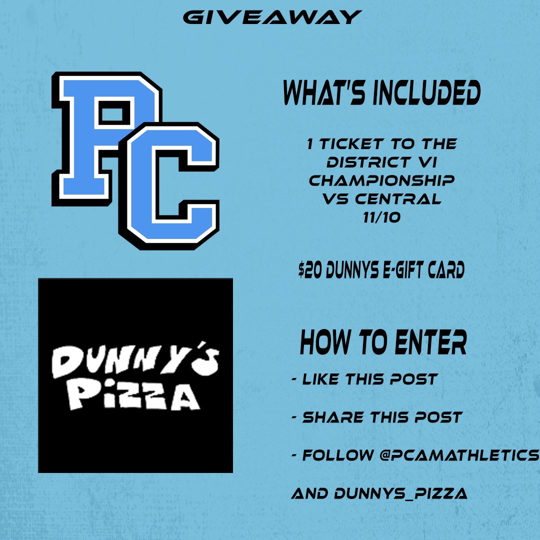 Penn Cambria Athletics (@pcam_athletics) on Twitter photo 🚨GIVEAWAY🚨
We partnered with Dunny's Pizza to give away 1 ticket to the District VI football game on Friday, November 10th along with a $20 Dunny's E-Gift Card!
How to enter:
-Like this post
-Retweet this post
-Follow <a href="/pcamathletics/">Penn Cambria Athletics</a> 🚨GIVEAWAY🚨
We partnered with Dunny's Pizza to give away 1 ticket to the District VI football game on Friday, November 10th along with a $20 Dunny's E-Gift Card!
How to enter:
-Like this post
-Retweet this post
-Follow <a href="/pcamathletics/">Penn Cambria Athletics</a>