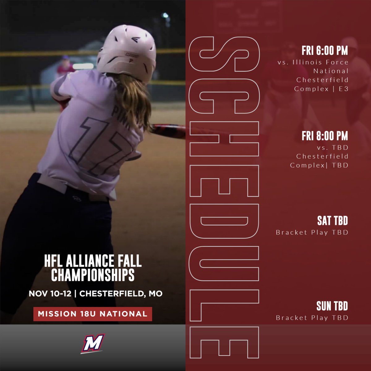 Mission 18u National hits the road one last time this fall to compete in the HFL Alliance Fall Championships in Chesterfield, MO and will make a run for a bid to Alliance Nationals. Tough competition ahead and this group is ready! Good luck!