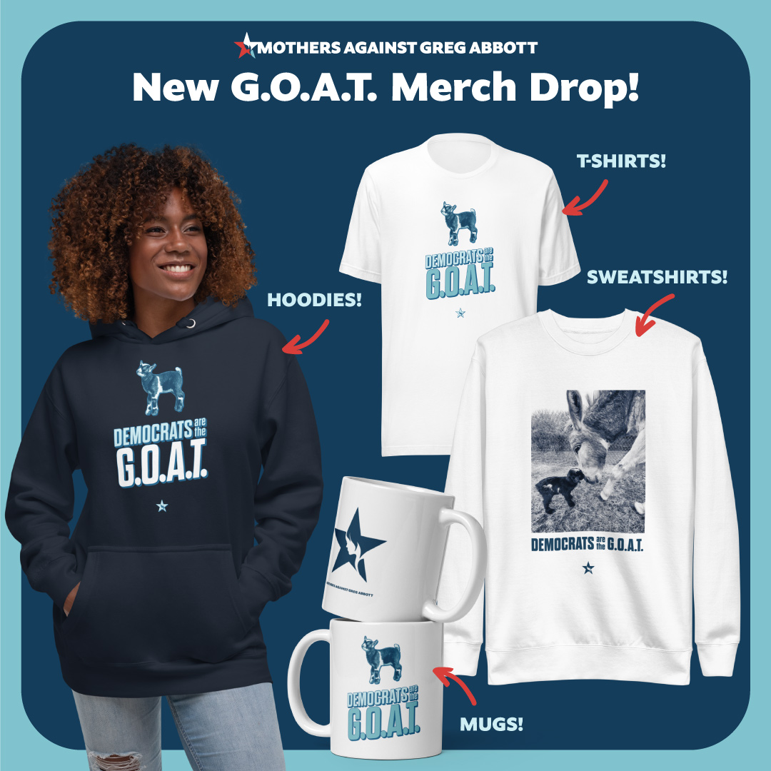 MomsAGAbbott's tweet photo. 📢📢 After last night's election we know that Democrats are the G.O.A.T 🐐 💪🏽📢📢 And we are here to celebrate it. We posted some new swag in our store: https://t.co/AOoTwniEZX #DemocratsWin #DemocratsDeliver #DemocraticParty https://t.co/zooM14XlUV