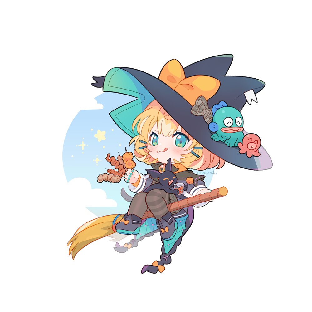 1girl hat witch hat broom blonde hair cat broom riding  illustration images