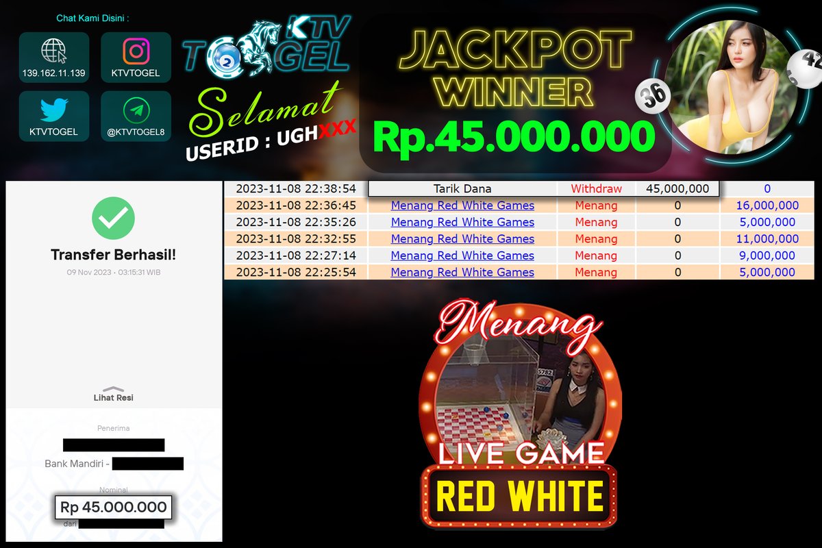 AgenKtv's tweet photo. MEGA KTV !!

Congrats untuk KTV Lovers telah menang pada Permainan RED WHITE Sebesar 45 JUTA RUPIAH pada tanggal 09 November 2023

Ayo Daftar sekarang juga hanya di Situs Terlengkap KTV!! https://t.co/gOCBA1Bcme