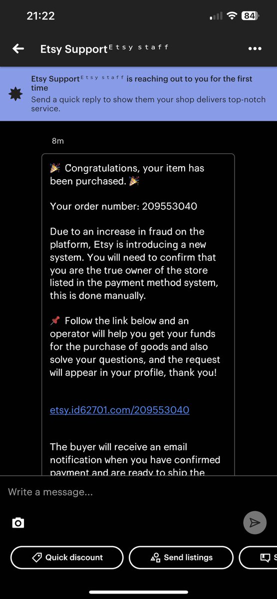 hargravesae's tweet photo. @Etsy can you confirm if this is you?

Looks like spam, doesn’t make any sense and that order number doesn’t correspond to any of my sales. https://t.co/umDbF2CqWs