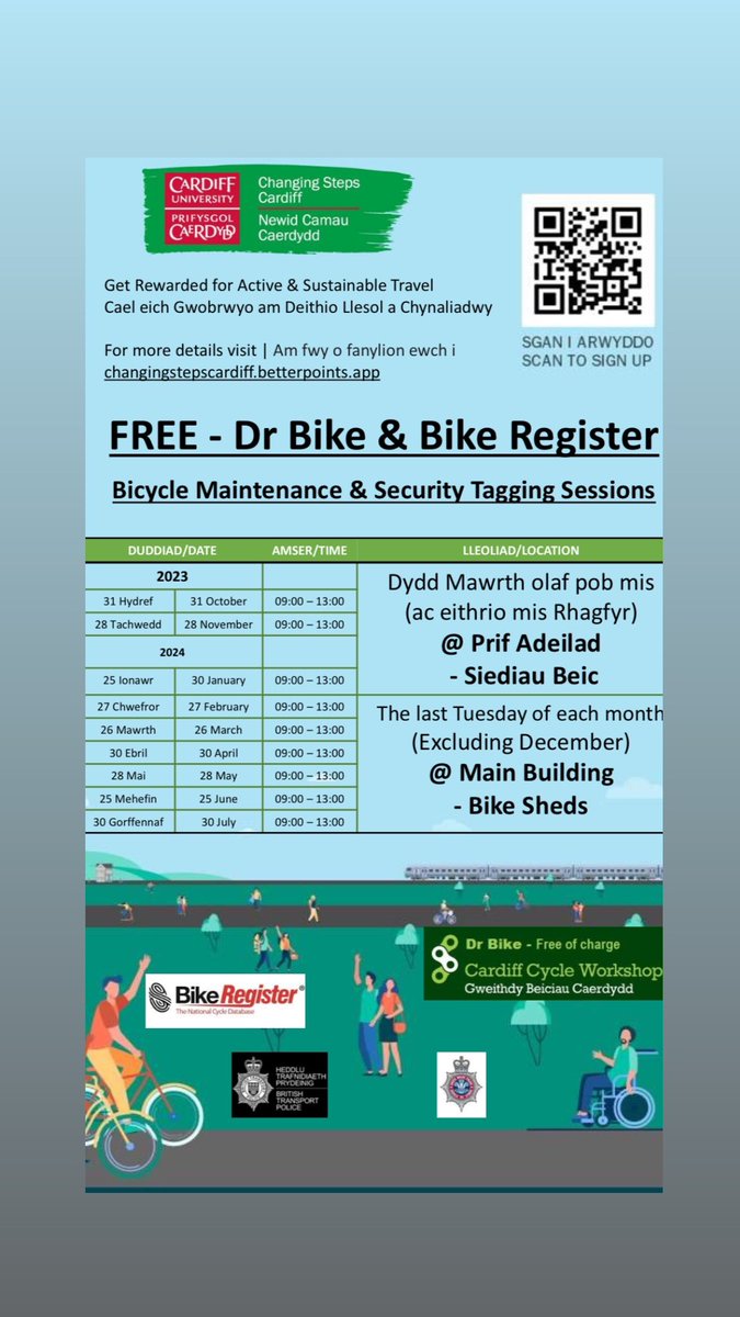 The Uni Liaison team will be working with @SWPCardiff teams & @cardiffuni over the coming months to keep staff & students bikes 🚲 safer.
Dr Bike will be there providing cycle maintenance 🔧 & we’ll be registering your bikes on @bikeregister for 🆓 
Mark the date @cardiffstudents