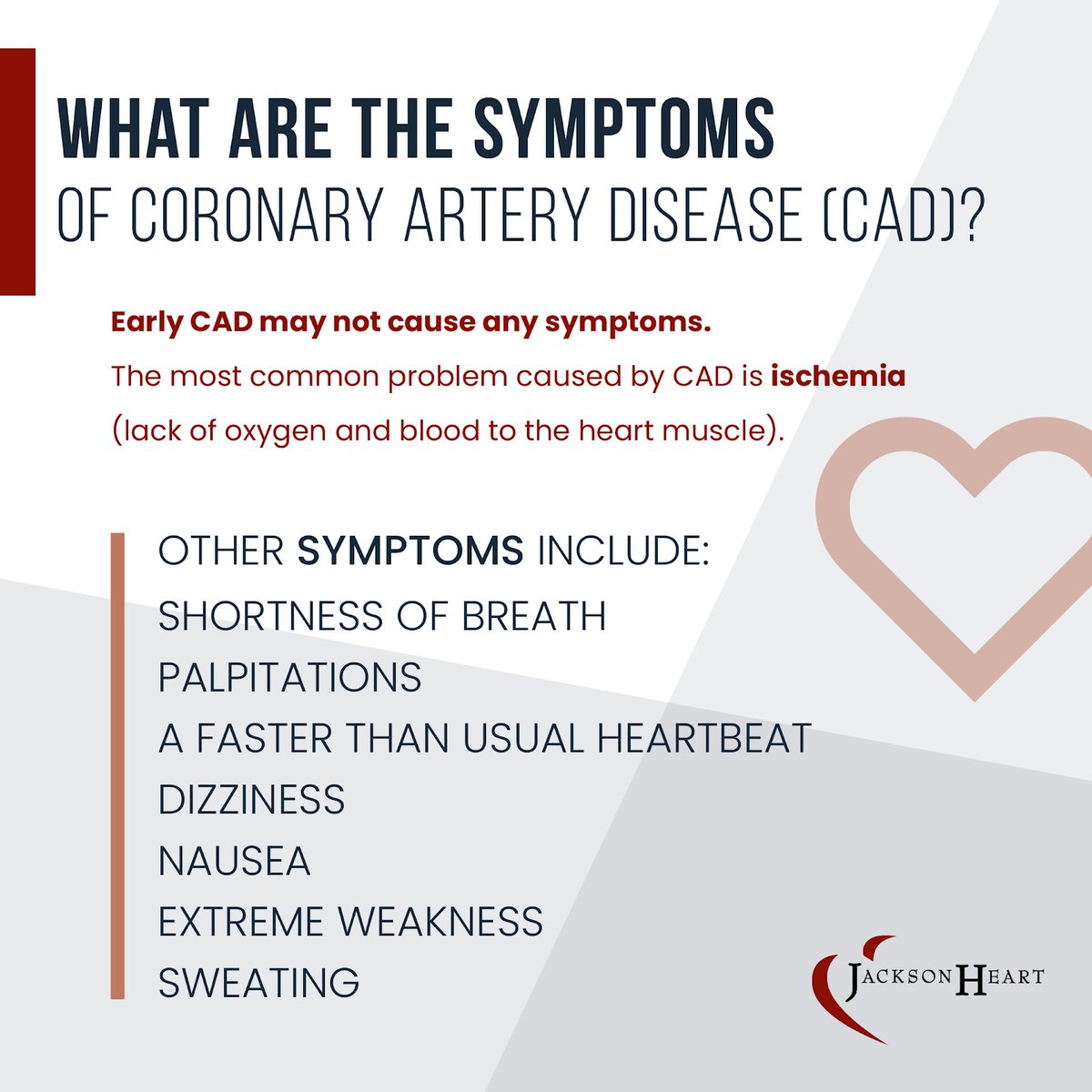 If you’re experiencing ANY of these symptoms, make an appointment with your #JHCPhysician today at 601-982-7850! 

#jacksonheartclinic #coronaryarterydisease #cardiologist