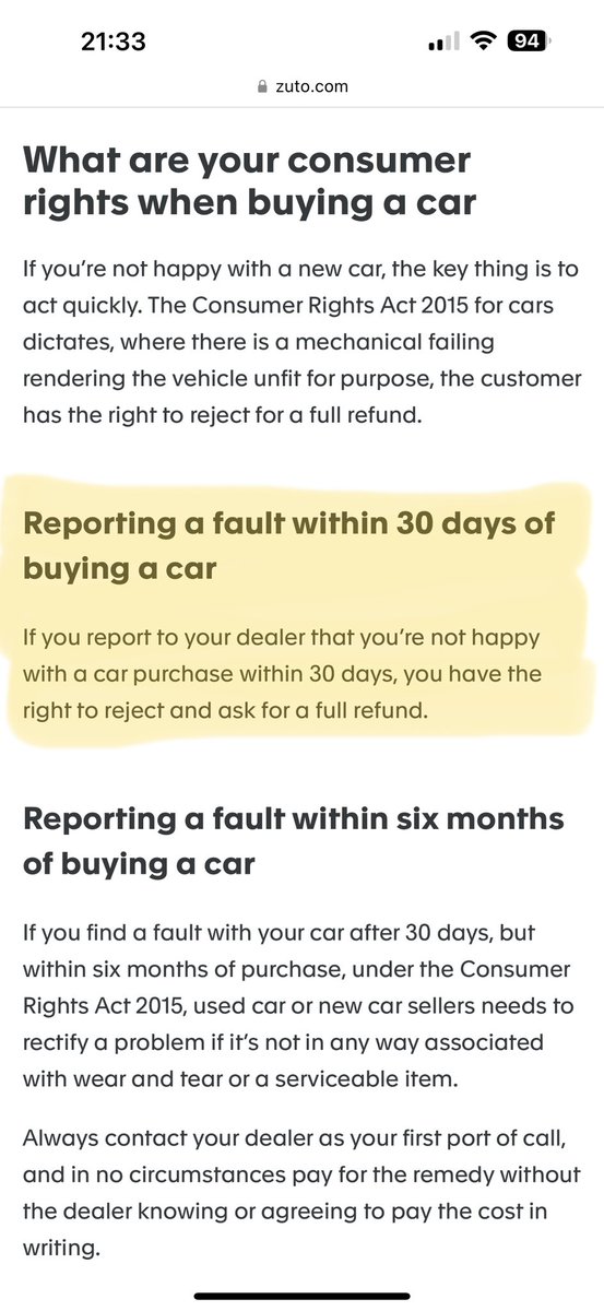 DTBK_'s tweet photo. Hey @Zuto, a relative of mine bought a #usedcar via you.  It’s #defective with numerous faults and she reported this well within the first 30-days.  You (&amp; your dealer) are playing silly buggers in complicating her rejection of it.  Any reason why? (Screenshot from your website) https://t.co/i9IOADljyx