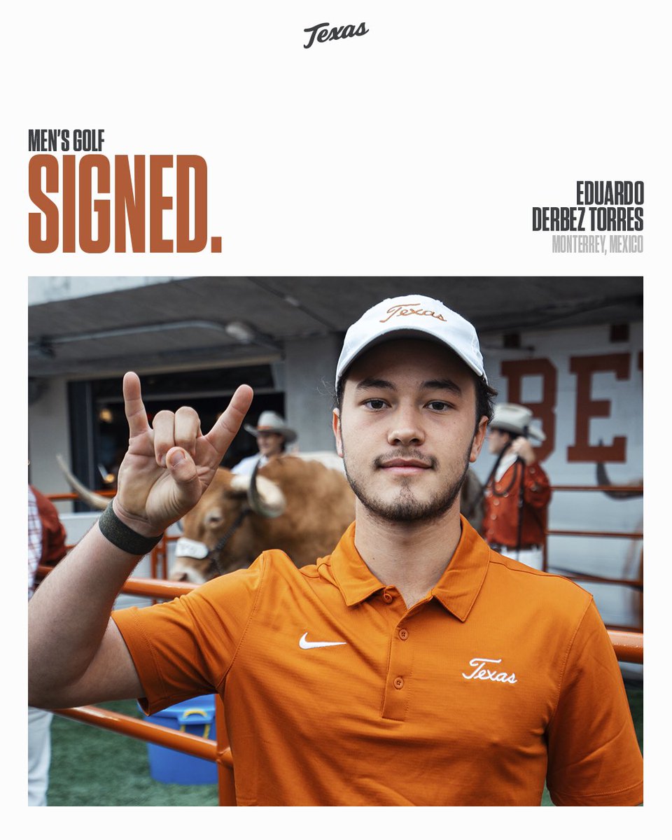 TexasMGolf's tweet photo. OFFICIAL 🤘

Please welcome Eduardo Derbez Torres to the Longhorn family! 

#TakeDeadAim https://t.co/lcfr6Yjpz1